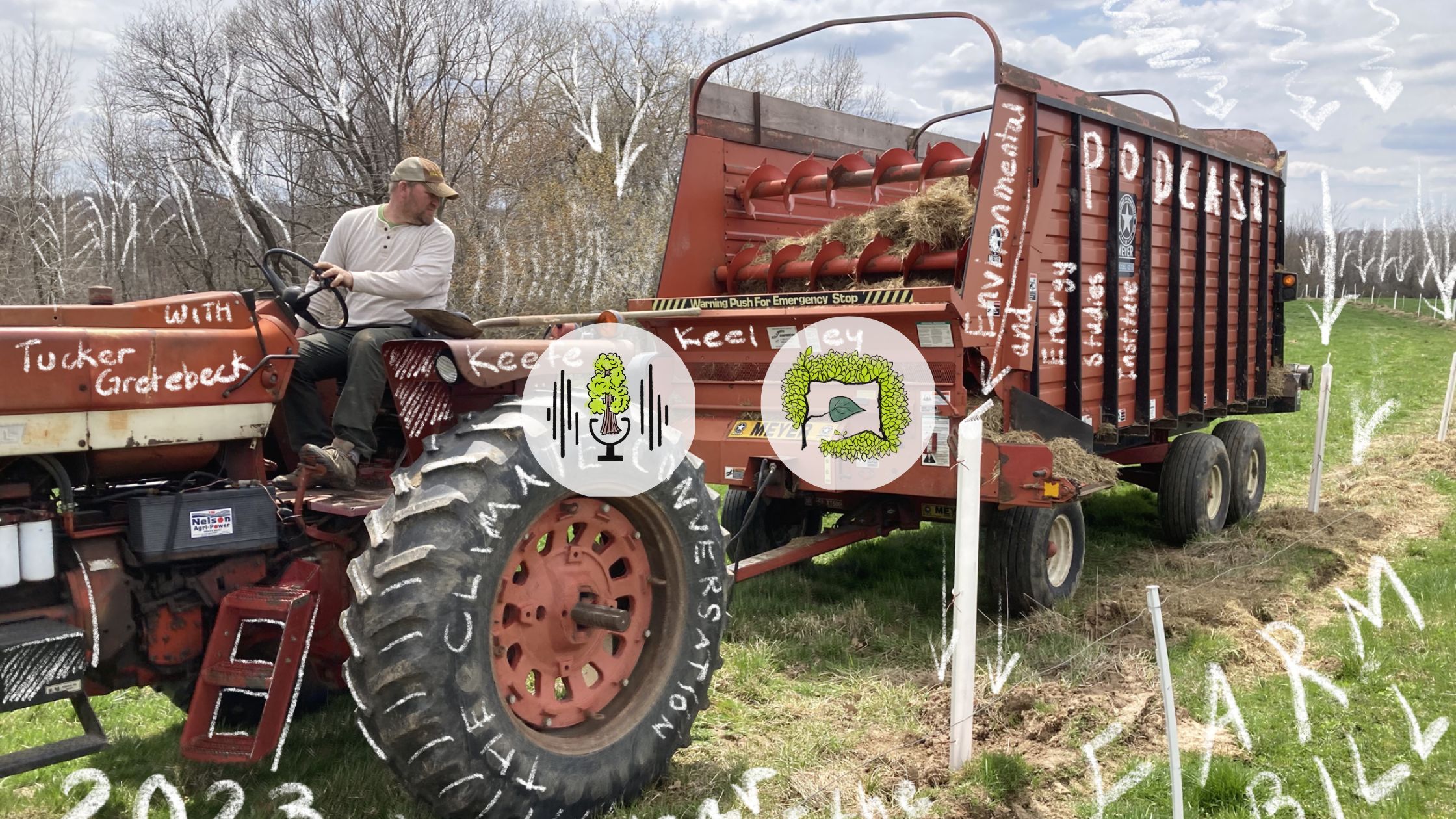 Man on a tractor, with farm bill illustrations